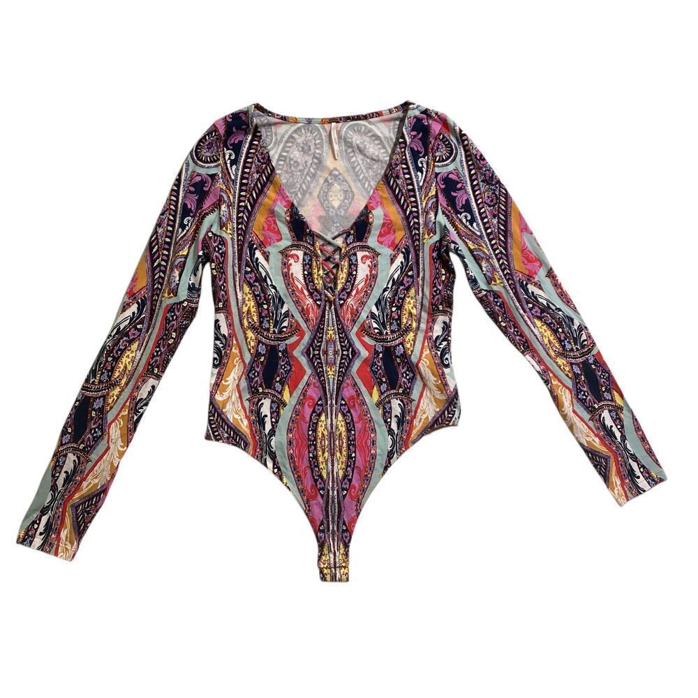 FREE PEOPLE Womens Pink Ikat Lace Up Long Sleeve Blouse Large